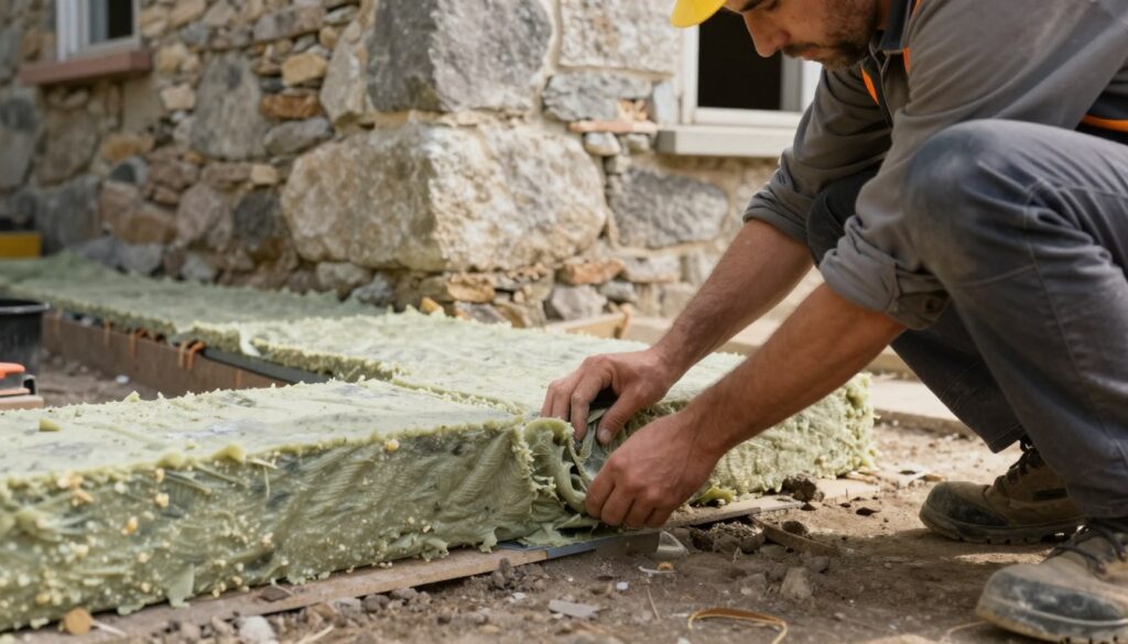 A close-up view of a construction worker in professional attire crouching beside the foundation of an old house. The worker is installing insulation material along the base, emphasizing the process of foundation insulation. In the background, there are partially visible large stones of the historic building, showcasing its aged character. Soft, natural sunlight illuminates the scene, casting gentle shadows to enhance the textures of the stones and the insulation material. The mood is focused and industrious, conveying the importance of maintaining older homes through proper insulation. The image captures the essence of renovation and the benefits of energy efficiency, creating a sense of purpose in preserving heritage.