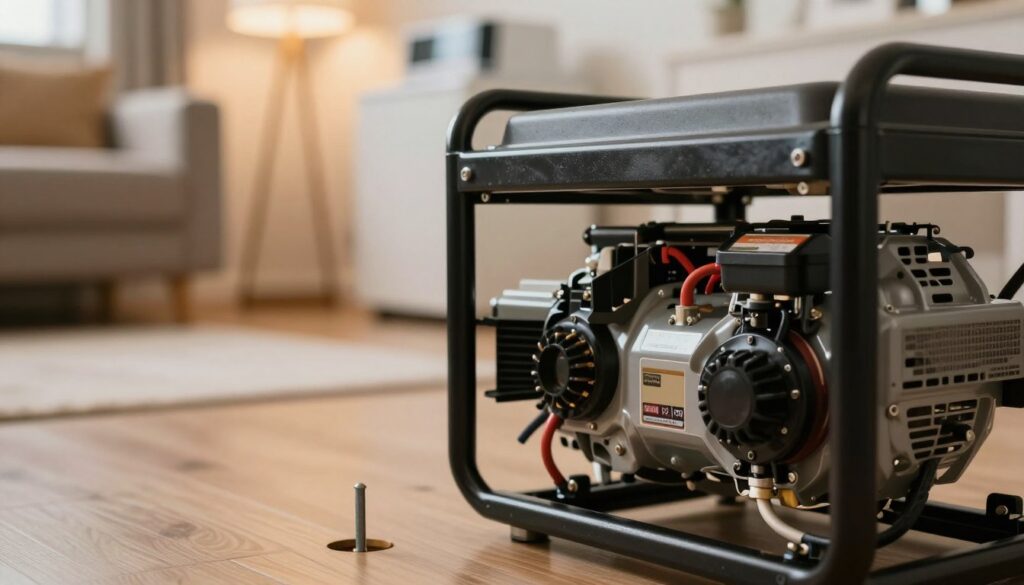 A close-up view of a grounded generator in a home setting, illustrating the importance of proper grounding for safety. In the foreground, a sturdy, well-maintained generator displays visible grounding wires connected to a grounding rod in a neat, organized manner. The middle ground includes a cozy domestic space, showcasing a home with warm, ambient lighting. In the background, partially visible home appliances indicate the generator’s integration into household power supply. The atmosphere is calm and secure, emphasizing safety and reliability. The shot is taken with a slightly angled perspective to highlight the generator's features while maintaining focus on its grounding system. The lighting is soft, with a focus on the generator to draw attention to its grounding setup. A close-up view of a grounded generator in a home setting, illustrating the importance of proper grounding for safety. In the foreground, a sturdy, well-maintained generator displays visible grounding wires connected to a grounding rod in a neat, organized manner. The middle ground includes a cozy domestic space, showcasing a home with warm, ambient lighting. In the background, partially visible home appliances indicate the generator’s integration into household power supply. The atmosphere is calm and secure, emphasizing safety and reliability. The shot is taken with a slightly angled perspective to highlight the generator's features while maintaining focus on its grounding system. The lighting is soft, with a focus on the generator to draw attention to its grounding setup.