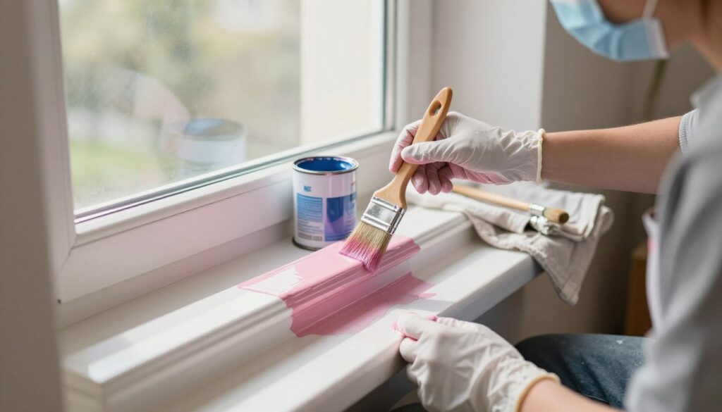 A close-up view of a hands-on painting process for a plastic window sill, capturing a person in modest casual clothing, wearing gloves and a face mask, carefully applying fresh paint with a brush. The foreground features the glossy, freshly painted surface of the window sill, showcasing a vibrant color transformation. The middle ground includes paint supplies like a small can of paint and paintbrushes on a drop cloth, emphasizing the DIY aspect. In the background, a sunlit window allows natural light to flood the scene, highlighting the cleanliness and the cozy atmosphere of a well-maintained room. The overall mood is inviting and creative, suggesting a satisfying home improvement project in progress.