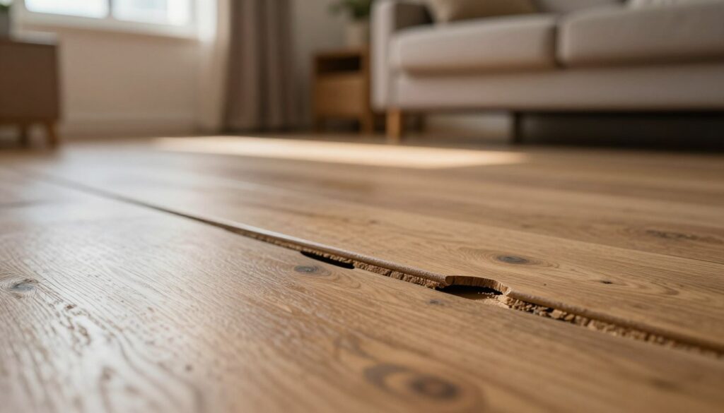 A close-up view of a living room floor with wooden panels visibly emphasizing the phenomenon of creaking. The foreground features a focus on the floorboards, showcasing the texture and grain of the wood, slightly warped in areas to indicate wear. In the middle ground, a subtle light source from a nearby window casts gentle shadows, enhancing the details of the boards. The background comprises a softly blurred interior of the room, with a cozy sofa and a warm lighting ambiance, creating an inviting yet slightly concerning atmosphere. The overall color palette should reflect warm, earthy tones, evoking a sense of home while hinting at underlying issues with the flooring. The image should convey the mood of curiosity and investigation.