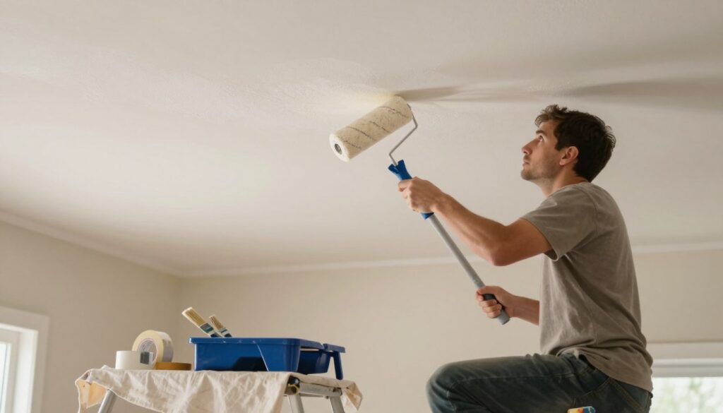 A close-up view of a painter preparing a ceiling for painting, showcasing the meticulous process required for a smooth finish. In the foreground, a professional painter is kneeling on a ladder, wearing modest casual clothing, carefully applying a primer to the ceiling with a roller. In the middle ground, tools like a paint tray, brushes, and tape are neatly arranged on a drop cloth, indicating a well-organized workspace. The background features soft, warm lighting illuminating the room, emphasizing the white ceiling along with light-colored walls, creating a sense of tranquility and focus. The atmosphere conveys a dedicated and professional approach to ceiling preparation, highlighting its importance for achieving an impeccable paint job.