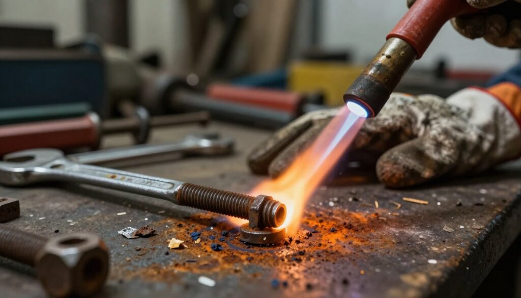 A close-up view of a rusted bolt being heated with a propane torch to loosen it. In the foreground, a focused flame is directed towards the bolt, showcasing intense heat and orange-yellow flames dancing around the metal. The surface around the bolt shows signs of corrosion, with rust flakes and debris scattered. In the middle ground, a pair of professional work gloves rests beside a wrench, signifying readiness for the task. The background is softly blurred, highlighting a cluttered garage environment filled with tools and machinery, subdued lighting to create a serious, industrious atmosphere. The angle of the shot captures the curvature of the wrench and the intricate details of the bolt. Overall, the scene conveys determination and the application of high temperature in tackling corrosion-related issues.