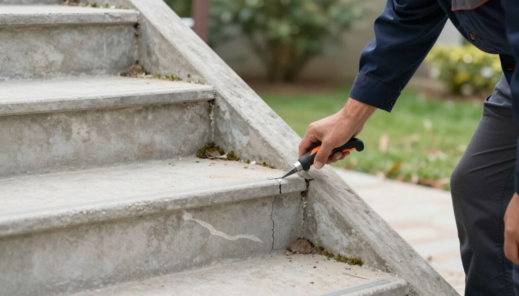 A close-up view of a technician inspecting the structural condition of an outdoor concrete staircase. The foreground features the technician, dressed in professional business attire, using a handheld tool to assess cracks and wear in the concrete. The middle ground shows the staircase, with visible signs of aging such as surface wear, moss accumulation, and small cracks, illustrating the need for maintenance. The background offers a blurred view of a garden or exterior space, providing a natural context. Soft, even daylight illuminates the scene, highlighting textures in the concrete and creating a focus on the technician’s careful examination. The overall atmosphere is one of diligence and professionalism, emphasizing the importance of safety and durability in construction maintenance. A close-up view of a technician inspecting the structural condition of an outdoor concrete staircase. The foreground features the technician, dressed in professional business attire, using a handheld tool to assess cracks and wear in the concrete. The middle ground shows the staircase, with visible signs of aging such as surface wear, moss accumulation, and small cracks, illustrating the need for maintenance. The background offers a blurred view of a garden or exterior space, providing a natural context. Soft, even daylight illuminates the scene, highlighting textures in the concrete and creating a focus on the technician’s careful examination. The overall atmosphere is one of diligence and professionalism, emphasizing the importance of safety and durability in construction maintenance.