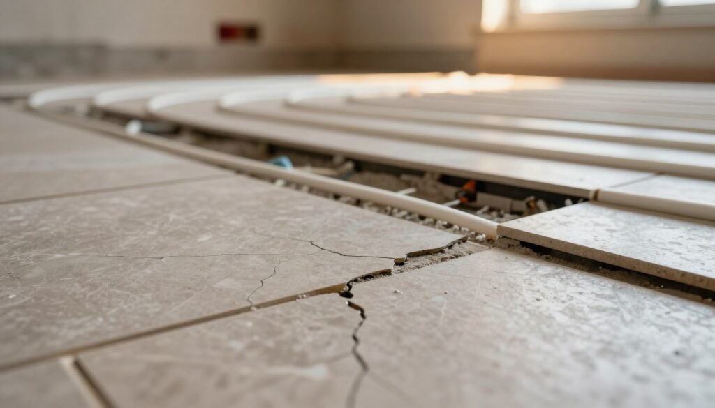 A close-up view of a tiled floor with underfloor heating visible beneath cracked tiles, illustrating the impact of poor installation. The foreground features clear details of the damaged tiles, showcasing varying cracks and surface textures. In the middle ground, an open section of the tile reveals the underfloor heating system, with pipes and wiring prominently displayed, emphasizing installation errors. The background transitions to a softly lit room, enhancing the overall ambiance, with warm and inviting light creating a professional atmosphere. The lens angle is slightly tilted to capture depth, while the subtle shadows highlight the seriousness of the installation issues. Aim for a mood that conveys concern and the importance of proper floor installation. A close-up view of a tiled floor with underfloor heating visible beneath cracked tiles, illustrating the impact of poor installation. The foreground features clear details of the damaged tiles, showcasing varying cracks and surface textures. In the middle ground, an open section of the tile reveals the underfloor heating system, with pipes and wiring prominently displayed, emphasizing installation errors. The background transitions to a softly lit room, enhancing the overall ambiance, with warm and inviting light creating a professional atmosphere. The lens angle is slightly tilted to capture depth, while the subtle shadows highlight the seriousness of the installation issues. Aim for a mood that conveys concern and the importance of proper floor installation.