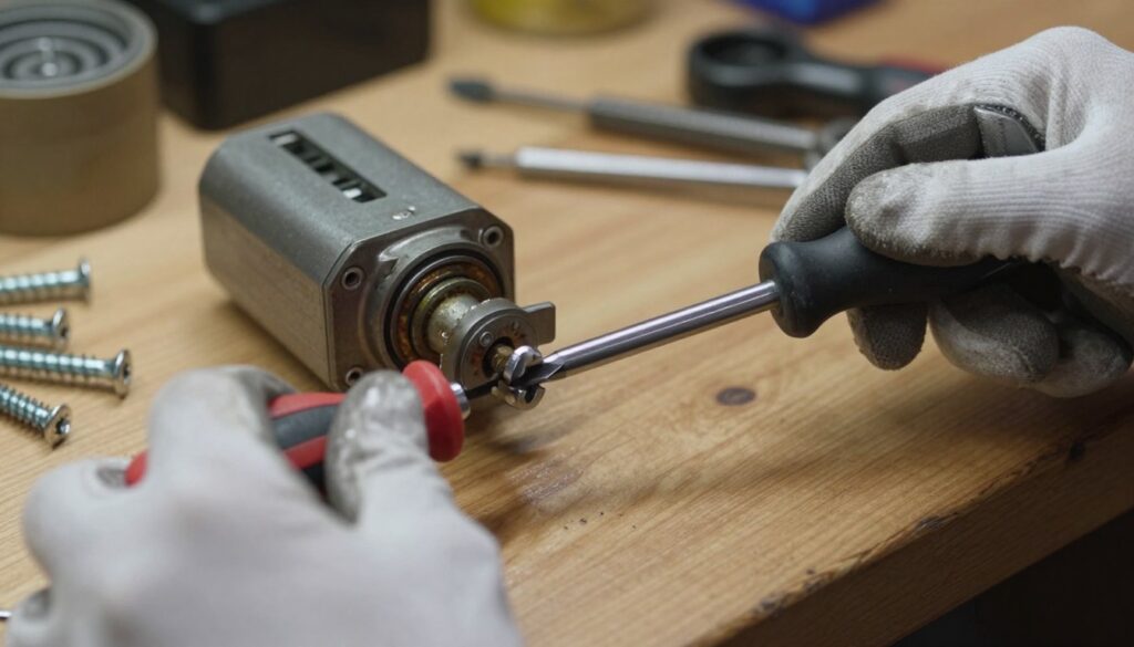A close-up view of a toolbox on a sturdy wooden workbench, showcasing various tools for loosening stuck Torx screws. In the foreground, highlight hands wearing modest gloves, gripping a specialized Torx screwdriver with precision. In the middle, depict a partially disassembled mechanical device, with a focus on the stubbornly seized Torx screw, with some rust and wear visible. The background features a dimly lit workshop ambiance with soft overhead lighting casting gentle shadows, adding a sense of industriousness and focus. The atmosphere should convey determination and resourcefulness, reflecting the techniques for working with stubborn connections.