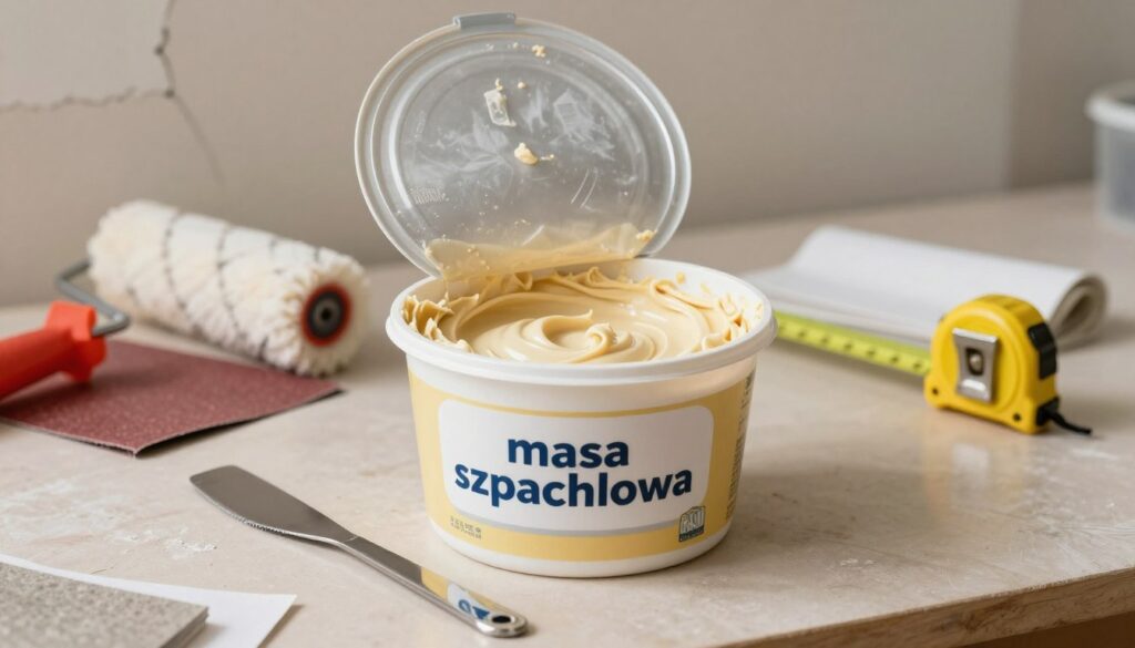 A close-up view of a tub of "masa szpachlowa" sitting on a workbench, surrounded by essential renovation tools. The tub features an open lid, revealing the creamy, smooth texture of the putty. In the foreground, a stainless steel putty knife rests beside the tub, showcasing its sharpened edge. The middle ground includes a paint roller, sandpaper, and a measuring tape, all neatly arranged to convey organization. Soft, diffused lighting casts gentle shadows, creating a warm and inviting atmosphere. The background features a partially painted wall with visible cracks, emphasizing the context of wall repair. The scene is shot at a slight angle to add depth, capturing the essence of a DIY renovation workspace.