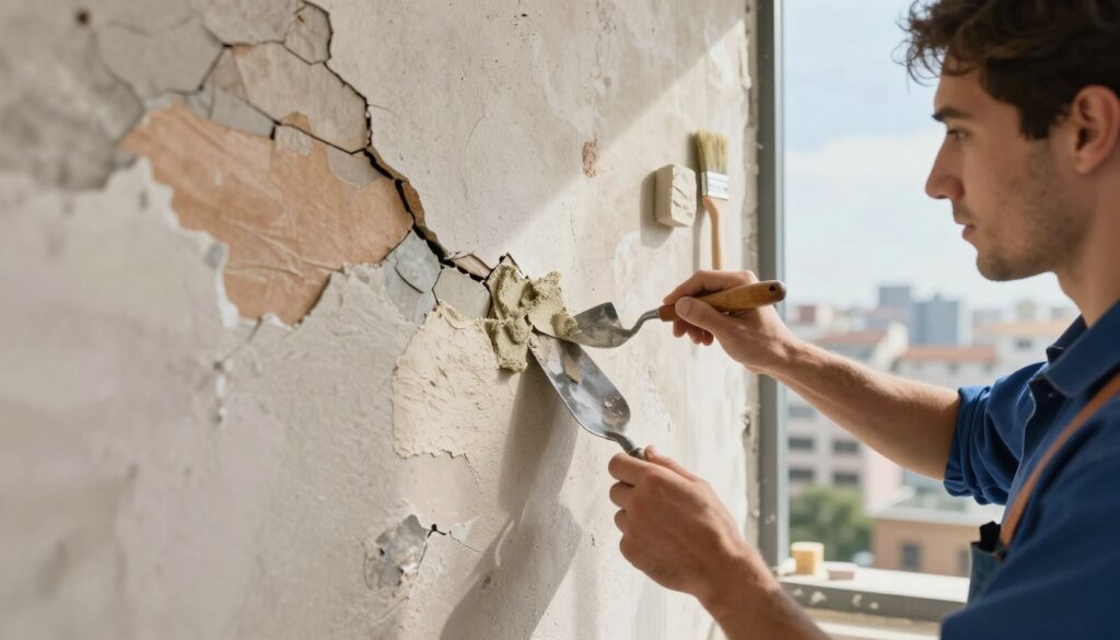A close-up view of a weathered building facade revealing various types of surface defects, such as cracks and missing pieces. The foreground features a skilled artisan wearing professional attire, carefully applying a repair material to a damaged area, showcasing a variety of textures and colors. In the middle ground, tools such as a trowel, patching compound, and paintbrush are artistically arranged, emphasizing the repair process. The background exhibits a cityscape under a bright, sunny sky, hinting at typical weather conditions. Soft, natural lighting enhances the details of the textures on the wall and the artisan’s focused expression. The mood is industrious and hopeful, illustrating a commitment to long-lasting repairs.