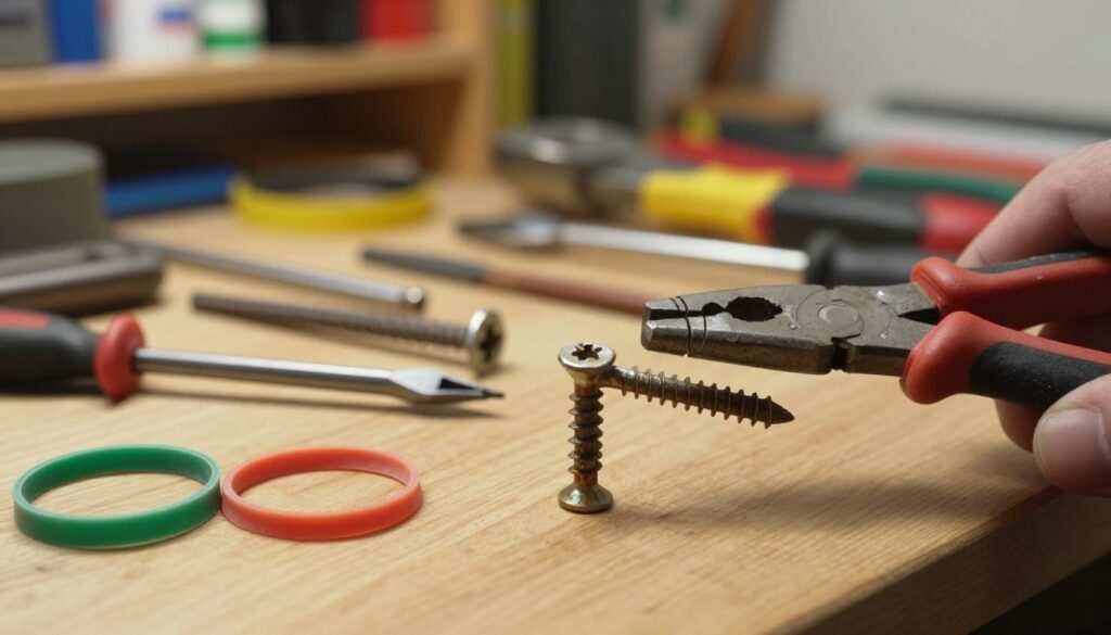 A close-up view of a worn Torx screw being removed with household tools, such as a rubber band and pliers. In the foreground, focus on the rusted screw head and the tools, capturing the intricate details of wear and tear. The middle ground features an array of improvised tools laid out neatly on a wooden workbench, showcasing everyday household items that can aid in the process. In the background, a softly lit workshop ambiance with blurred shelves filled with various tools and supplies. The lighting is warm, creating a practical and inviting atmosphere, while the angle captures the workbench from slightly above, emphasizing the action of unscrewing the bolt.