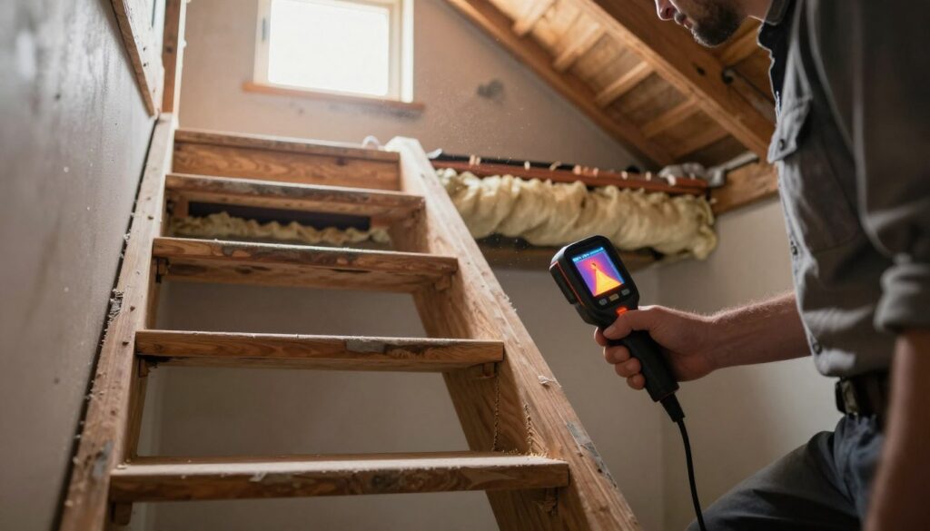 A close-up view of an interior staircase leading to an attic, highlighting heat loss areas. The stairs are made of wood, showing signs of aging with gaps between the steps. In the foreground, an energy efficiency technician in modest casual clothing inspects the seams, equipped with a thermal imaging camera that captures temperature differences displayed vividly. The middle ground features a slightly exposed attic hatch, with insulation around the edges appearing compressed. In the background, soft natural light filters through a small window, illuminating dust particles in the air, creating a warm yet critical atmosphere. The focus is on the details of the staircase’s construction and the technician’s careful examination, emphasizing the importance of detecting leaks and heat loss.