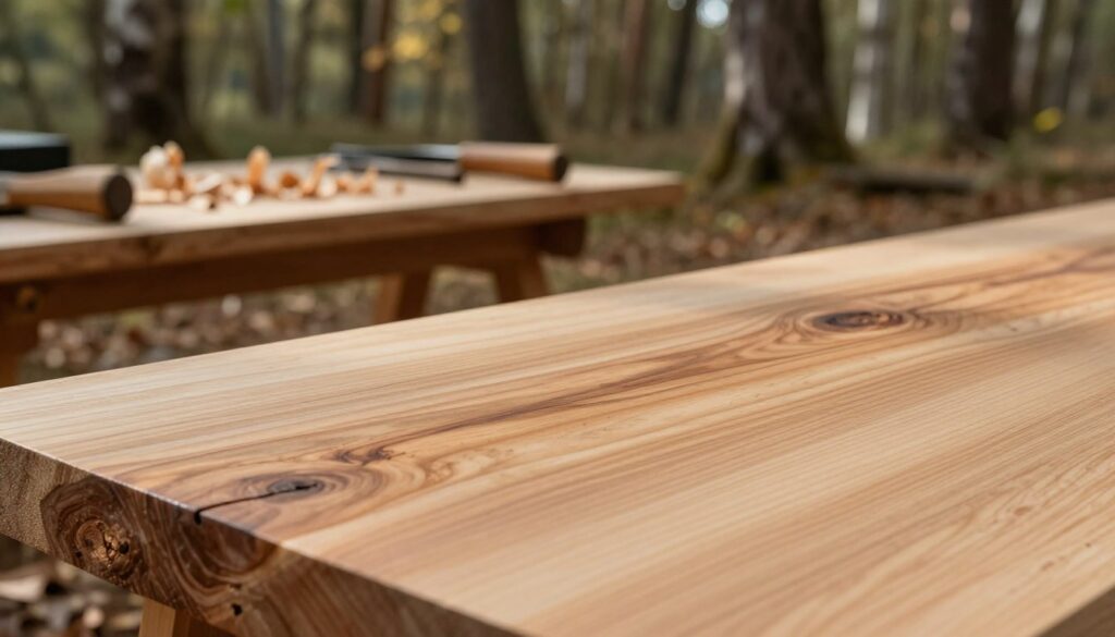 A close-up view of ash wood (Fraxinus excelsior) showcasing its unique characteristics, including its fine grain patterns and light brown hue with darker streaks. The foreground features smooth, polished wood slices with a glossy finish, highlighted by gentle, diffused sunlight that creates a warm, inviting glow. In the middle ground, a rustic woodworker's bench is partially visible, with wood shavings and tools arranged neatly, suggesting craftsmanship. The background showcases a blurred forest scene with ash trees, emphasizing the natural habitat of the wood. The atmosphere is serene and focused, with a hint of earthy warmth, suitable for an article about its technical properties and calorific value. The image should feature natural lighting and a shallow depth of field to enhance the subject's clarity.