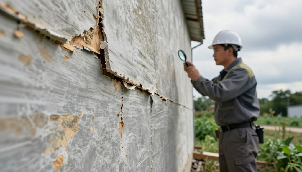 A close-up view of deteriorating exterior wall insulation showcasing EPS (expanded polystyrene) after years of exposure. The foreground features a section of the insulation with visible cracks, discoloration, and evidence of oxidization, highlighting the impact of weathering and aging on the material. In the middle ground, an inspection engineer in professional attire examines the insulation closely, using a magnifying glass to assess the condition. The background depicts a partially cloudy sky with soft, diffused sunlight illuminating the scene, creating a somber yet informative atmosphere. The color palette includes faded whites and grays of the insulation juxtaposed with the vibrant greens of surrounding vegetation. The overall mood suggests diligence in evaluating the longevity and effectiveness of thermal protection systems over time.