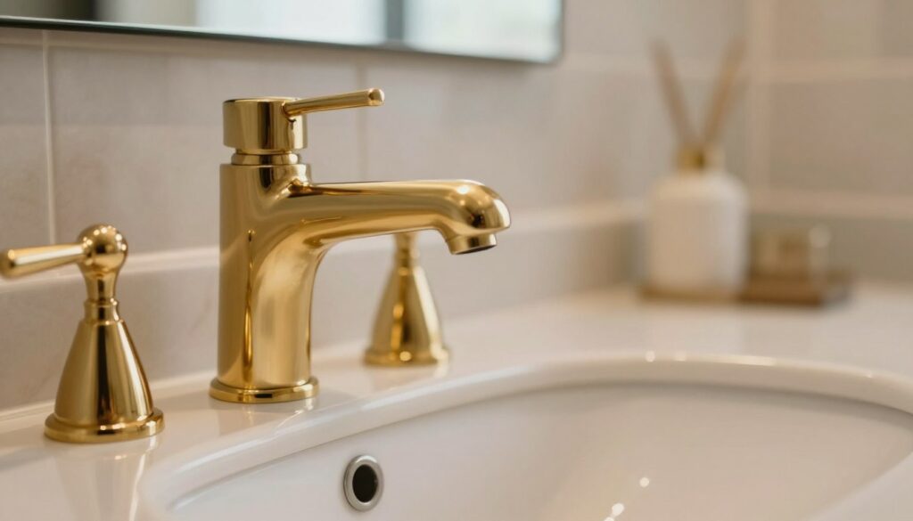 A close-up view of elegant gold bathroom faucets, showcasing their shiny, reflective surfaces and intricate details. The foreground features a polished gold faucet with subtle highlights and shadows that emphasize its luxurious texture. In the middle, a well-maintained bathroom sink with a soft, inviting color palette complements the gold. The background includes a blurred bathroom setting with elegant tiles and soft lighting to create a warm atmosphere. The scene is illuminated with natural light coming from a nearby window, casting gentle reflections on the faucet. The overall mood is refined and sophisticated, reflecting the delicate nature of gold finishes in home decor. No text or overlays are included.