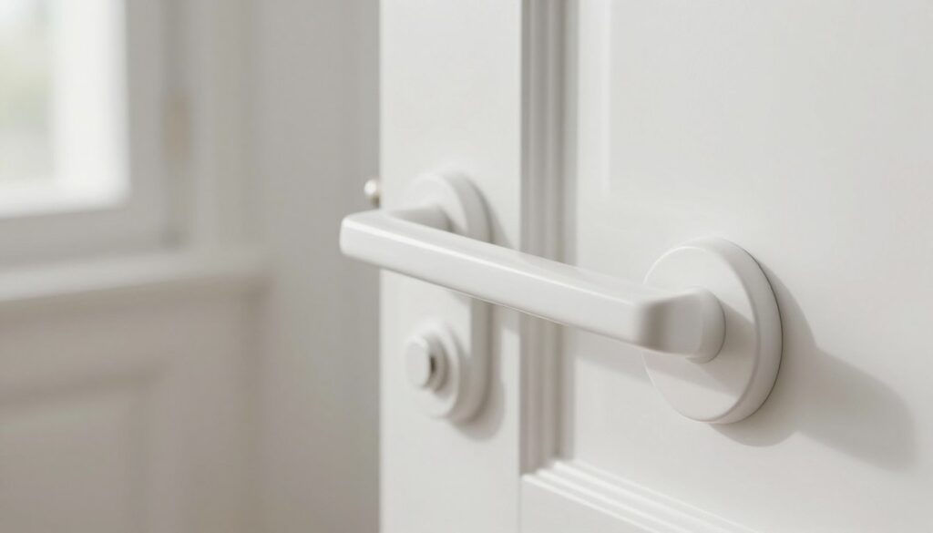 A close-up view of elegant white door handles, showcasing a minimalist design. The handles are crafted with sleek lines and a smooth finish, reflecting modern aesthetics. In the foreground, the white handles are positioned against a softly blurred background of contemporary or classic white doors, enhancing their prominence. Natural light filters through a nearby window, creating soft shadows that highlight the simplicity and sophistication of the handles. The image is captured from a slight angle to emphasize the shape and texture, ensuring a clean and professional look. The overall atmosphere is calm and refined, perfectly embodying a minimalist approach to interior design.