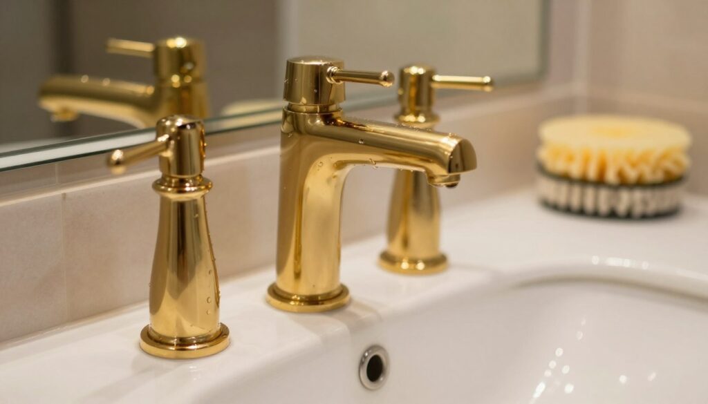 A close-up view of luxurious gold bathroom faucets with intricate detailing, elegantly mounted on a clean white sink. Soft lighting creates a warm glow reflecting off the polished surfaces, enhancing the richness of the gold. The faucets are showcasing their delicate finish with water droplets clinging to them, indicating recent cleaning. In the blurred background, a neatly arranged cleaning kit with gentle non-abrasive materials is visible, emphasizing safe cleaning methods. The overall atmosphere conveys sophistication and care, underscoring the importance of maintenance without risking scratches. The angle slightly above the faucets offers a pleasing perspective, inviting the viewer to appreciate the craftsmanship while suggesting the article’s topic.