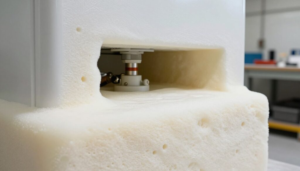 A close-up view of polyurethane foam insulation applied around a hot water boiler, emphasizing its texture and detail. In the foreground, the foam appears soft and spongy, with small air pockets visible, showcasing its effective insulating properties. The middle ground features the boiler itself, partially visible and surrounded by the foam, demonstrating the application process in a workshop setting. The background consists of a well-lit workshop environment, with tools and equipment subtly out of focus to keep the attention on the foam and boiler. Soft, diffused lighting enhances the smooth texture of the foam, creating a professional atmosphere. The mood is technical and informative, ideal for illustrating insulation practices.
