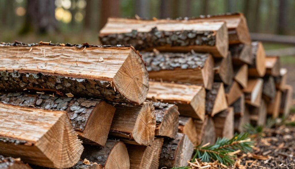 A close-up view of seasoned firewood, prominently featuring stacks of pine logs with visible texture and rich, warm tones, indicating the process of wood seasoning. The foreground should showcase a log with cracks and rings, highlighting its age and transformation, while a background of an outdoor woodpile softly blurred enhances depth. Gentle sunlight filters through surrounding trees, creating a serene and natural atmosphere. The scene captures the essence of safety in wood burning, emphasizing the importance of well-seasoned logs. The composition is balanced, with a focus on the sawdust scattered around and a few green pine needles, adding a touch of freshness. The overall mood is calm and informative, perfect for illustrating the careful process of wood seasoning.