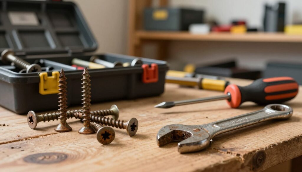 A close-up view of several rusty screws on a wooden workbench, emphasizing their weathered textures and oxidized surfaces. In the foreground, prominently display two tools: a wrench and a screwdriver, positioned as if ready for use. In the middle ground, include a partially opened toolbox filled with various other tools, creating a sense of preparation and repair. The background features a softly blurred, well-lit workshop environment, with shelves of neatly organized tools and equipment, conveying a sense of order amidst the chaos of DIY projects. The lighting is warm and inviting, casting gentle shadows to enhance the mood of a focused, problem-solving atmosphere.