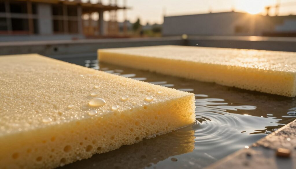 A close-up view of styropian (styrofoam) boards partially submerged in water, illustrating the absorption process. In the foreground, water droplets glisten on the textured surface of the foam, highlighting its porous nature. The middle ground features a shallow pool of clear water, gently lapping against the edges of the boards. In the background, a soft-focus view of a building under construction, emphasizing the significance of proper insulation. Golden hour lighting bathes the scene in warm tones, creating a serene but informative atmosphere. The angle is slightly tilted to enhance the dynamic feel of the composition, showcasing the contrast between the sturdy building materials and the water's reflective surface. The overall mood is contemplative and educational.