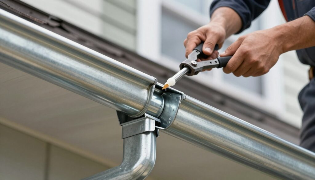 A close-up view of two galvanized steel rain gutters being expertly joined together using precision techniques. The foreground features the shiny, metallic surfaces of the gutters, showcasing their smooth, weathered texture. In the middle ground, a pair of skilled hands, dressed in professional work attire, holds a special clamp tool to secure the joint while applying a sealant to prevent leaks. The background reveals a blurred, softly lit residential house, hinting at the importance of proper installation in home maintenance. The lighting is bright, emphasizing the shiny surfaces of the gutters, with a slight focus on the joining area to convey a sense of expertise and craftsmanship. The overall atmosphere is professional, highlighting the importance of correct installation methods.