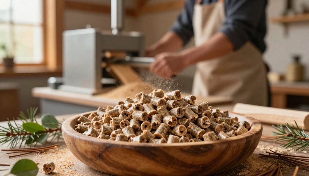 A close-up view of wood pellets displayed in a rustic wooden bowl, showcasing their cylindrical shape and texture. In the foreground, the bowl is surrounded by scattered pine needles and a few green leaves, emphasizing a natural setting. The middle ground features an artisan crafting wood pellets from sawdust, wearing a simple workshop apron, expertly operating a pellet machine, with sawdust particles flying in the air. The background is softly blurred, highlighting a cozy workshop ambiance with wooden beams and warm golden lighting streaming through a window. The atmosphere is industrious yet harmonious, illustrating the sustainable production of wood pellets as an energy source, emphasizing a connection to nature and eco-friendliness.