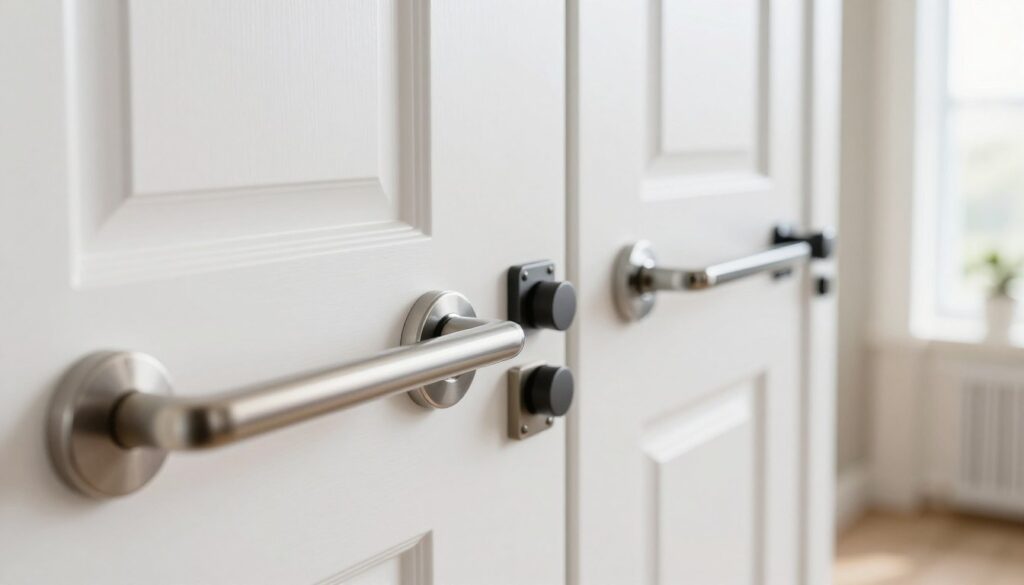 A close-up view showcasing a selection of stylish door handles (klamki) designed for white doors. In the foreground, elegantly crafted handles made from materials like brushed nickel, matte black, and polished chrome, each with unique modern and classic designs. The middle ground features the white doors, providing a clean, minimalist backdrop. In the background, soft, diffused natural light enters through a nearby window, creating a warm and inviting atmosphere. The scene captures a balance between contemporary elegance and timeless sophistication, evoking the essence of modern and classic interiors. The composition is shot from a low angle to emphasize the beauty of the handles against the white doors, enhancing their visual appeal.