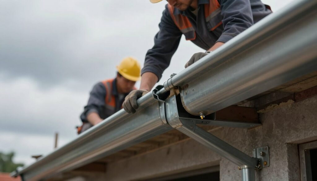 A cluttered construction site featuring common mistakes in metal gutter installation. In the foreground, focus on a poorly aligned gutter joint with visible gaps, showcasing issues like improper sealing and corrosion starting to form. In the middle ground, display a worker in professional attire carefully examining a gutter, highlighting a close-up view of incorrectly positioned brackets and fasteners, contributing to misalignments. In the background, illustrate a cloudy sky with soft, diffused lighting to create a somber atmosphere, underscoring the potential for leaks due to the mistakes. The scene should be realistic and detailed, emphasizing the importance of proper installation techniques for metal gutters.