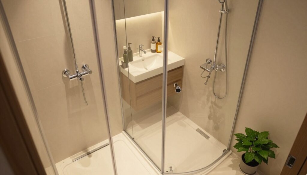 A compact bathroom featuring a modern shower design, designed for efficiency and space-saving. The foreground showcases a sleek, glass-enclosed shower with chrome fixtures, subtly lit by warm, soft lighting. In the middle background, light-colored tiles enhance the feeling of openness, while a small vanity with organized toiletries is visible. The ambiance is calming and organized, with neutral tones and greenery from a small potted plant adding a touch of freshness. The angle is slightly above eye level, capturing the entire setup harmoniously. The scene reflects a time-efficient and minimalist lifestyle, ideal for individuals who prioritize both practicality and design in their home spaces.