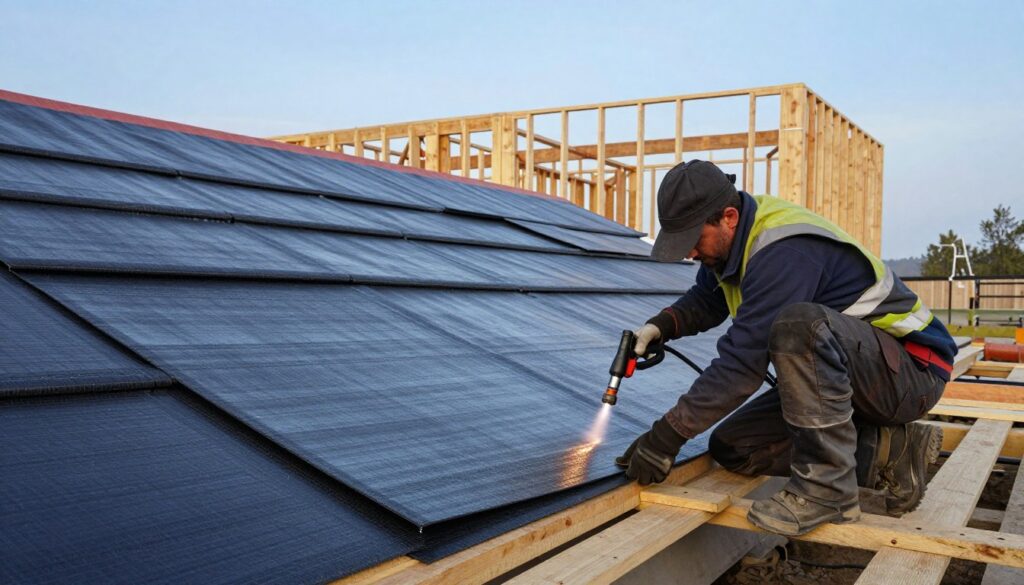 A construction scene depicting the safe installation of thermal welding roofing material. In the foreground, a professional worker in safety gear carefully lays down the thermal roofing sheets on wooden boards. They are using a heat torch, which emits a soft glow. The middle ground features a partially completed roof with several layers of thermal roofing being arranged neatly. In the background, a clear blue sky contrasts against a well-structured wooden framework of a residential building. Soft daylight enhances the scene, highlighting the texture of the roofing material. The atmosphere conveys a sense of focus and safety, emphasizing the importance of proper techniques in roofing installation. The angle is slightly elevated, capturing the worker's concentration and the systematic process of creating a durable, watertight roof.