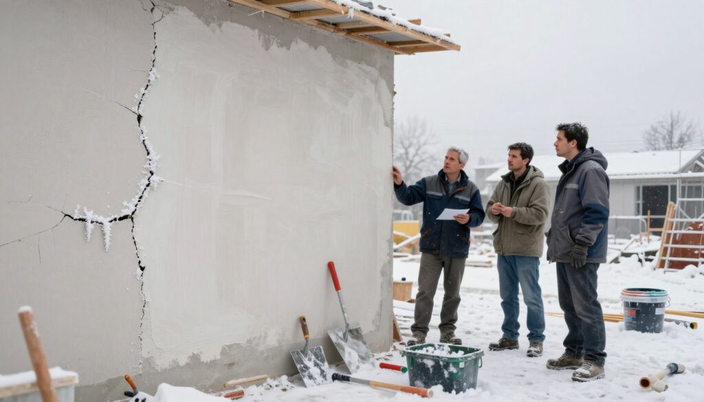 A construction site during winter, showcasing the challenges of applying external plaster in low temperatures. In the foreground, a partially completed wall with fresh plaster, visibly affected by frost and cracks, highlighting the dangers of improper conditions. Workers in professional business attire inspect the wall, looking concerned as they discuss possible solutions. In the middle ground, tools such as trowels and mixing buckets scattered around, with a thermometer indicating a low temperature. The background displays a cloudy, gray sky with snow gently falling, creating a chilly atmosphere. Soft, diffused lighting enhances the sense of cold, while emphasizing the details of the cracked plaster and weathered tools. The overall mood reflects caution and the urgency of proper temp conditions for plastering. A construction site during winter, showcasing the challenges of applying external plaster in low temperatures. In the foreground, a partially completed wall with fresh plaster, visibly affected by frost and cracks, highlighting the dangers of improper conditions. Workers in professional business attire inspect the wall, looking concerned as they discuss possible solutions. In the middle ground, tools such as trowels and mixing buckets scattered around, with a thermometer indicating a low temperature. The background displays a cloudy, gray sky with snow gently falling, creating a chilly atmosphere. Soft, diffused lighting enhances the sense of cold, while emphasizing the details of the cracked plaster and weathered tools. The overall mood reflects caution and the urgency of proper temp conditions for plastering.