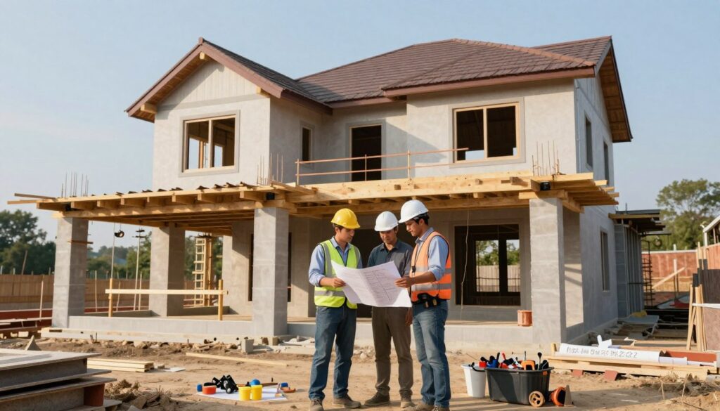 A construction site featuring key stages of a house built on pillars, illustrating the investment process. In the foreground, show skilled workers in professional attire discussing blueprints, with construction tools and materials organized around them. The middle ground depicts the house structure being raised on strong pillars, showcasing a blend of modern and traditional architectural elements. In the background, a clear blue sky and distant trees create a serene atmosphere. Soft, natural lighting enhances the scene, with shadows cast by the pillars adding depth. The image conveys a sense of progress and careful planning, inviting viewers to reflect on construction and architectural development.