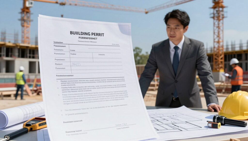 A construction site scene focusing on a large, detailed building permit document prominently displayed in the foreground, with construction plans and tools partially visible beside it. In the middle ground, a professional-looking architect in business attire is analyzing the permit while leaning against a table strewn with blueprints. The background features an active building site with cranes and workers in hard hats, highlighting the construction process. The lighting is bright and natural, with a clear blue sky overhead. The atmosphere conveys a sense of diligence and professionalism, emphasizing the importance of proper building permissions in a legal context.