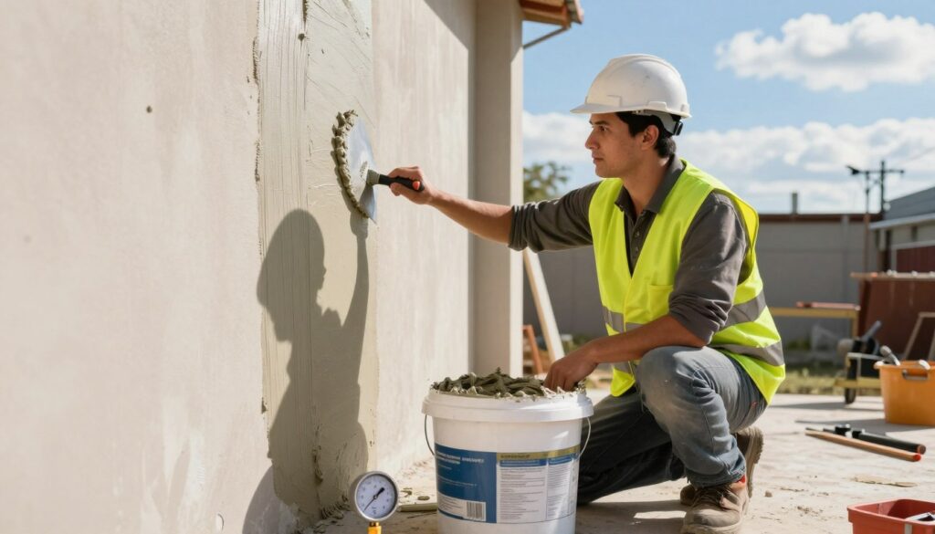 A construction worker applying silicone plaster on a wall in a bright, well-lit outdoor setting. The worker, dressed in a hard hat and safety vest, kneels beside a large bucket of silicone material, carefully spreading the plaster with a trowel. The temperature gauge in the foreground indicates a moderate temperature, signifying the appropriate conditions for applying silicone plaster. In the background, a clear blue sky and white clouds create a cheerful atmosphere, while various construction tools are scattered around, emphasizing a professional work environment. The lighting is natural and warm, casting soft shadows that enhance the details of the scene. The overall mood reflects diligence and expertise.