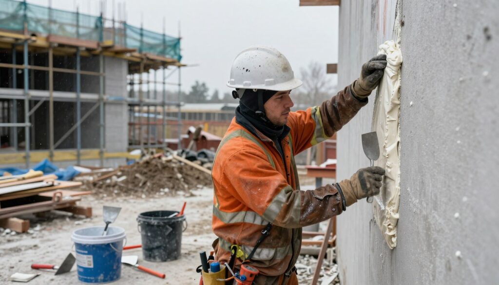 A construction worker in a rugged outdoor environment, demonstrating techniques for working in difficult atmospheric conditions. The foreground features the worker wearing a hard hat and safety gear, expertly applying silicone plaster to a wall in challenging weather, such as strong winds and overcast skies. In the middle ground, tools like trowels, buckets, and mixing equipment are scattered, indicating an ongoing project. The background showcases a construction site with scaffolding and draped tarps for protection. The mood is focused and determined, capturing the essence of resilience in harsh conditions. Natural lighting highlights the textures of the materials, giving a sense of realism and urgency, with a shallow depth of field to emphasize the worker's actions. A construction worker in a rugged outdoor environment, demonstrating techniques for working in difficult atmospheric conditions. The foreground features the worker wearing a hard hat and safety gear, expertly applying silicone plaster to a wall in challenging weather, such as strong winds and overcast skies. In the middle ground, tools like trowels, buckets, and mixing equipment are scattered, indicating an ongoing project. The background showcases a construction site with scaffolding and draped tarps for protection. The mood is focused and determined, capturing the essence of resilience in harsh conditions. Natural lighting highlights the textures of the materials, giving a sense of realism and urgency, with a shallow depth of field to emphasize the worker's actions.