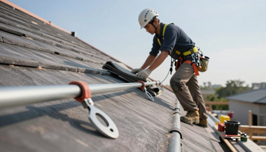 A construction worker wearing a safety helmet and harness performs maintenance on a sloped roof, emphasizing safety protocols. In the foreground, close-up details of specialized roof safety equipment, like guardrails and anchor points, are visible, showcasing their importance in preventing accidents. The middle ground features the worker carefully inspecting roofing materials, while tools are neatly arranged nearby. In the background, a clear blue sky brightens the scene, creating an informative and professional atmosphere. Soft, natural lighting enhances the mood, ensuring clarity in the image. Capture the scene from a slightly elevated angle for a dynamic perspective, highlighting both the safety measures and the working conditions. The composition should evoke a sense of professionalism and diligence in roof work.