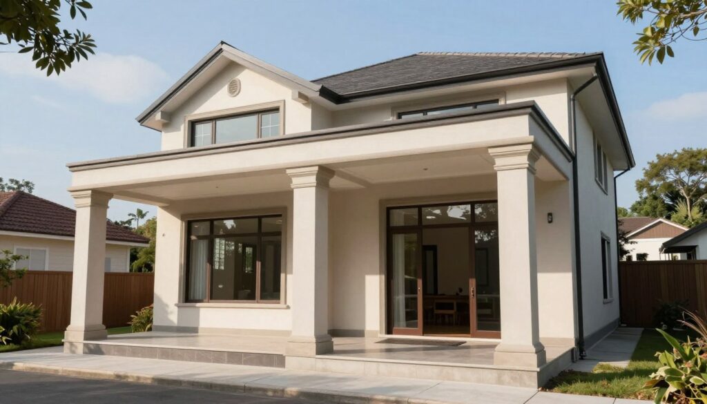 A contemporary house extension supported by elegant pillars, showcasing a blend of modern architecture and traditional elements. In the foreground, detailed features of the sturdy pillars rise gracefully, emphasizing their structural importance. The middle ground reveals the newly constructed extension, with large windows allowing natural light to flood the interior. The background features a serene suburban setting with trees and a clear blue sky. Soft daylight casts gentle shadows, creating a welcoming atmosphere. The image is captured with a wide-angle lens to encapsulate the full scale of the house and its surroundings, reflecting a sense of harmony and compliance with building regulations. Focus on the architectural details while maintaining a professional and inviting mood.