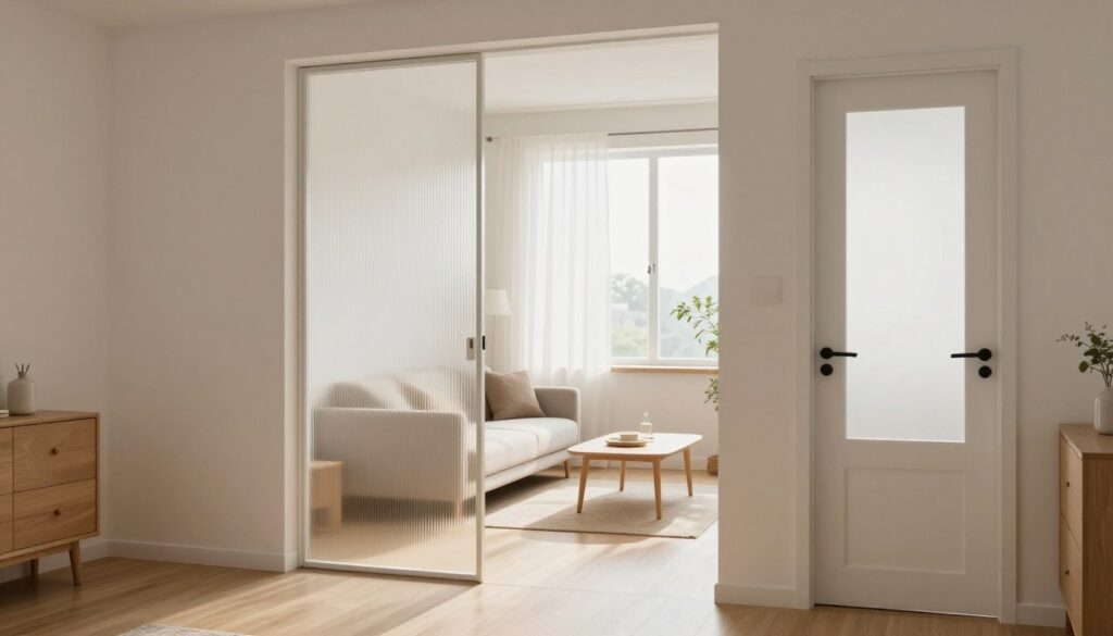 A cozy and modern small apartment interior showcasing alternatives to traditional room doors. In the foreground, a stylish room divider made of translucent materials, allowing light to pass through while providing separation. The middle ground features an open layout, with a minimalist sofa and a small coffee table, all arranged to foster a sense of space and lightness. The background is softly illuminated with natural daylight streaming through large windows adorned with sheer curtains, enhancing the airy atmosphere. The color palette includes soft whites and warm neutrals. The image should evoke a tranquil and welcoming mood, making the viewer feel at home in a small yet beautifully designed living space. No people are present.