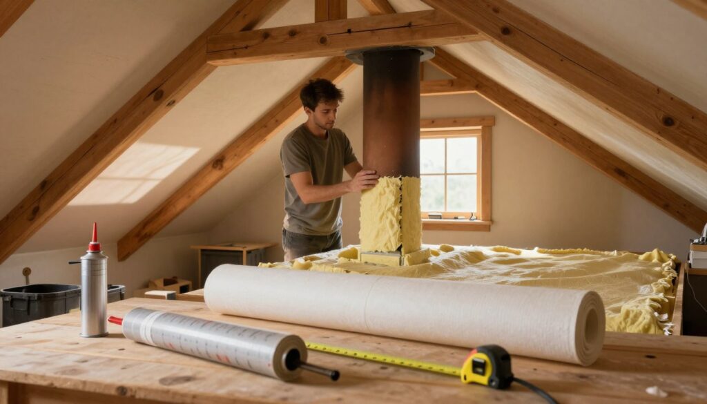 A cozy attic space featuring a chimney undergoing insulation work. In the foreground, tools like a foam insulation spray, a roll of protective material, and a measuring tape are neatly arranged on a wooden surface. The middle layer reveals a professional wearing modest casual clothing, carefully applying insulation to the chimney, showcasing attention to detail and safety. In the background, timber beams support the slanted roof, with soft, warm light filtering through a small window, creating a welcoming atmosphere. Shadows enhance the texture of the walls, while the overall mood conveys a sense of diligence and thoroughness in home improvement.
