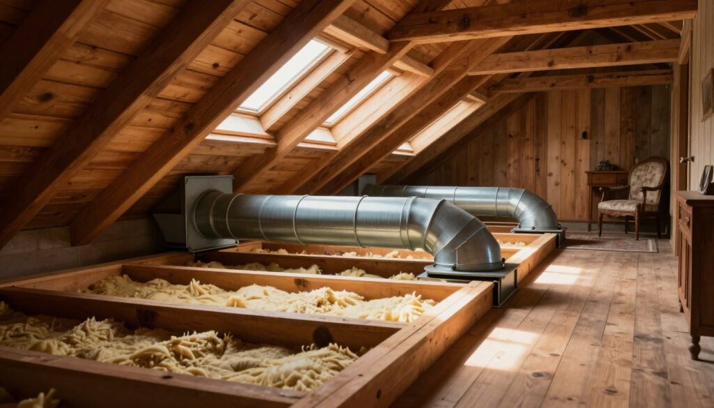 A cozy attic space in an old house, featuring a well-structured ventilation system. In the foreground, intricate wooden beams and insulation material are visible, showcasing a blend of traditional craftsmanship and modern upgrades. The middle layer captures a series of ventilation ducts strategically placed along the roofline, allowing light to filter through skylights, casting soft shadows on the wooden floor. The background depicts a gentle, rustic setting, with vintage furniture and wooden panels enhancing the atmosphere. The lighting is warm and inviting, suggesting an afternoon glow, which adds to the homely feel. The scene should evoke a sense of comfort and professionalism, emphasized by a clear, detailed representation of effective attic ventilation crucial for maintaining a stable climate in older homes.