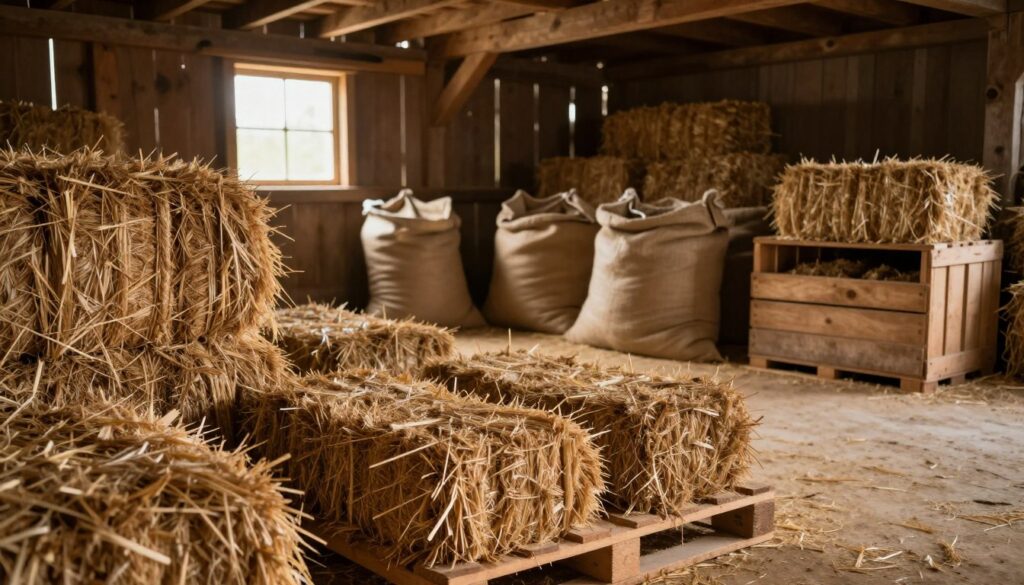 A cozy barn interior showcasing neatly stacked straw briquettes, emphasizing their texture and density. In the foreground, a wooden pallet holds several briquettes, some with straw fibers visible. The middle ground features a well-organized storage area with burlap sacks and wooden crates to protect the briquettes from moisture. Soft, warm lighting filters through a small window, casting gentle shadows and creating an inviting atmosphere. In the background, rustic wooden beams and hay bales add to the agricultural charm, while the earthy color palette enhances the feeling of sustainability. The angle should be slightly above eye level, capturing the overall layout and inviting view of the storage space.