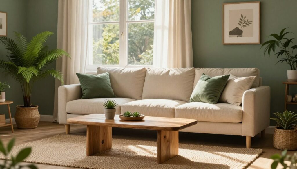 A cozy beige living room filled with natural accents, featuring a soft cream sofa adorned with green throw pillows. In the foreground, a stylish jute rug lies beneath a wooden coffee table, surrounded by potted plants like ferns and succulents, adding a fresh touch. In the middle, a large window lets in warm, natural light, enhancing the inviting atmosphere with rays of sunshine streaming through sheer curtains. The background includes a subtle accent wall in a deep forest green, creating a beautiful contrast against the beiges. The scene captures a serene, harmonious environment, with soft lighting that evokes a sense of tranquility and comfort, inviting relaxation and rejuvenation.