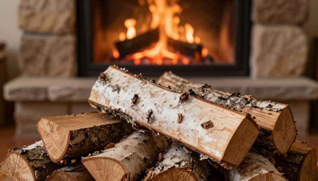 A cozy fireplace scene featuring neatly stacked birch firewood, showcasing the distinctive white bark and fine grain of the wood. In the foreground, focus on a close-up of the birch logs, highlighting their smooth texture and unique patterns. The middle ground reveals a rustic stone hearth, with warm glowing embers reflecting off the wood. In the background, a softly illuminated room with a warm, inviting atmosphere, captured under gentle, warm lighting that enhances the natural tones of the wood. The angle is slightly above eye level to create depth and intimacy in the scene, conveying a sense of warmth and comfort, ideal for a winter evening by the fire.