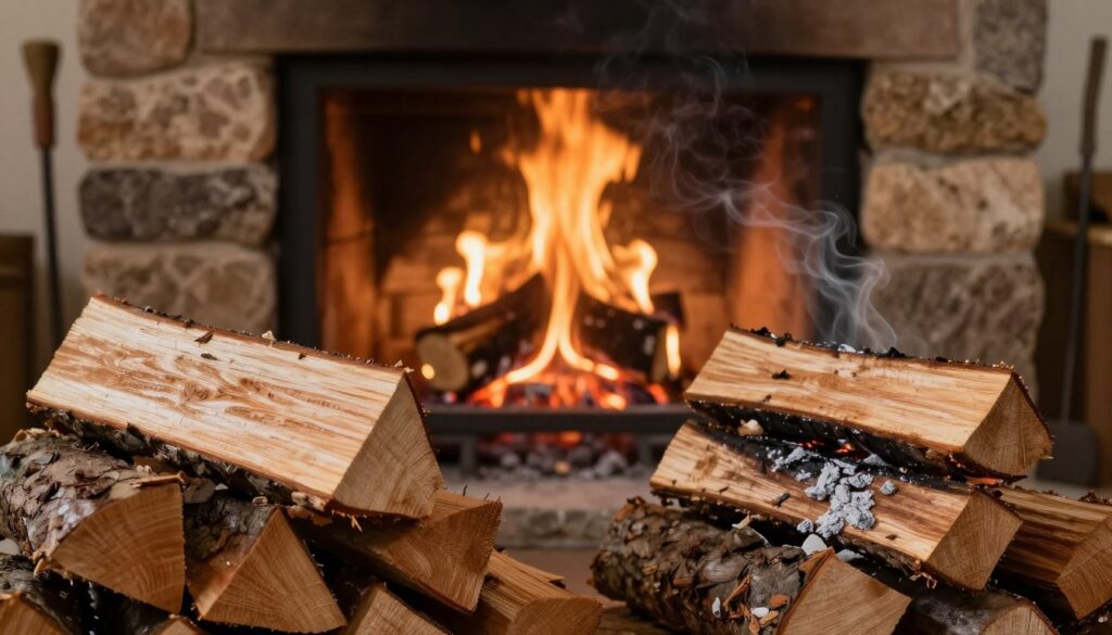 A cozy fireplace scene showcasing the advantages and disadvantages of poplar wood as firewood. In the foreground, a stack of neatly chopped poplar logs reveals their light color and unique grain patterns. The middle ground features a warm, crackling fire made from the poplar wood, casting a bright glow and generating soft shadows. One side has a small pile of ash and burnt remnants, symbolizing its drawbacks, while the opposite side showcases the wood’s fresh scent with faint wisps of smoke rising towards the ceiling. The background includes a rustic stone fireplace with a few firewood tools, illuminated by soft, warm lighting that creates a welcoming atmosphere. Capture this scene at eye level to emphasize the warmth of the fire and the natural qualities of the wood, inviting contemplation about its use in everyday life.
