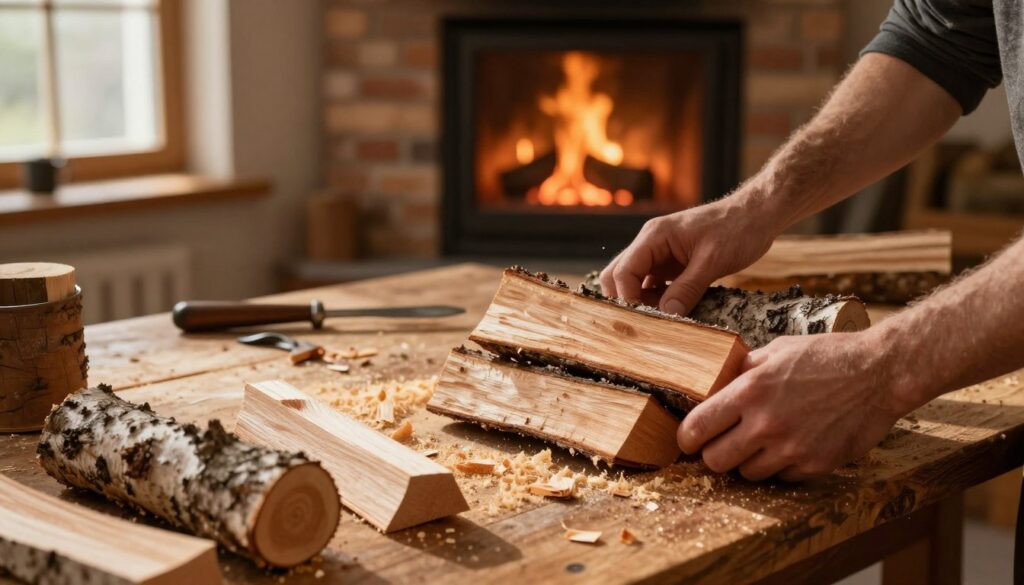 A cozy hearth scene showcasing a wooden mixing process, with a focus on blending poplar logs with other types of firewood. In the foreground, hands of a skilled craftsman are seen arranging various logs, including oak and birch, alongside smooth poplar pieces. The middle ground presents a rustic workbench scattered with sawdust, tools, and small wood chips, while warm golden light filters through a nearby window, casting shadows that create a comforting atmosphere. The background features a softly glowing fireplace, emphasizing the warmth and inviting ambiance of the setting. The overall mood is one of industrious calm, inspiring thoughts of home and efficiency in selecting optimal firewood for heating purposes. The image features rich wood textures and natural colors, enhancing the organic feel.