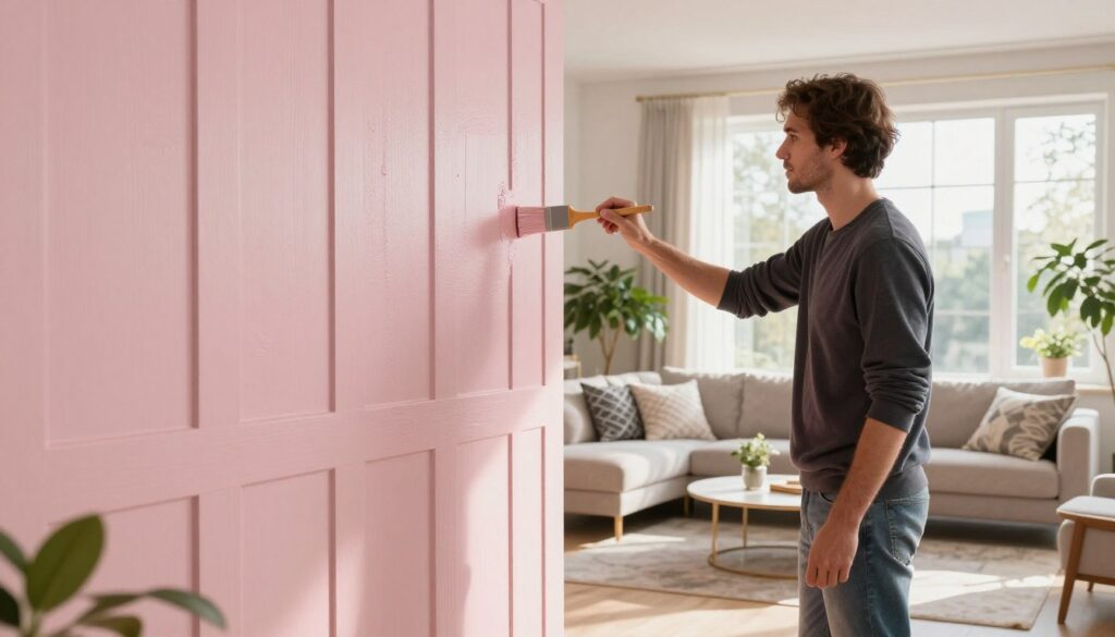 A cozy interior scene showcasing a modern living room with freshly painted wooden paneling (boazeria) in a soft pastel color. In the foreground, a skilled painter, dressed in smart casual clothing, carefully brushes the new paint onto the wall with precision. The middle ground features a stylish couch adorned with decorative cushions and a chic coffee table, while a potted plant adds a touch of greenery. In the background, sunlight streams through large windows, casting a warm glow over the space and highlighting the transformation of the boazeria, creating a fresh and inviting atmosphere. The overall mood is creative and revitalizing, perfect for modern home decor.