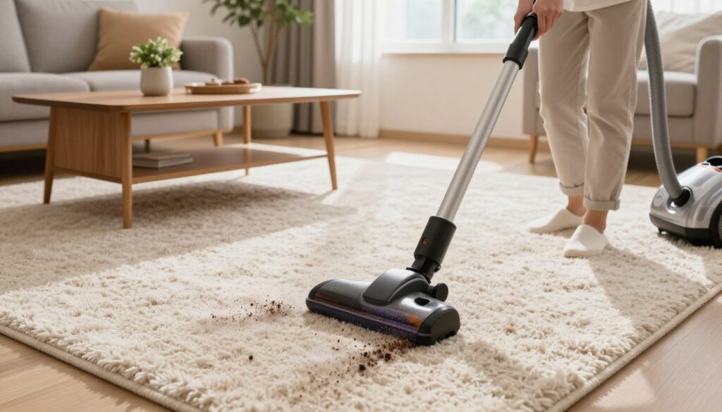 A cozy living room featuring a well-maintained carpet, with a person dressed in modest casual clothing using a vacuum cleaner. In the foreground, the vacuum cleaner is shown actively pulling dirt from the plush carpet, emphasizing the texture and fibers. The middle ground reveals a coffee table with decorative items and potted plants, adding warmth to the scene. In the background, soft natural light streams in through a window, illuminating the room and casting gentle shadows. The overall mood is clean, fresh, and inviting, capturing the essence of daily carpet care and maintenance, illustrating how regular vacuuming can rejuvenate and maintain a fluffy appearance in carpets.