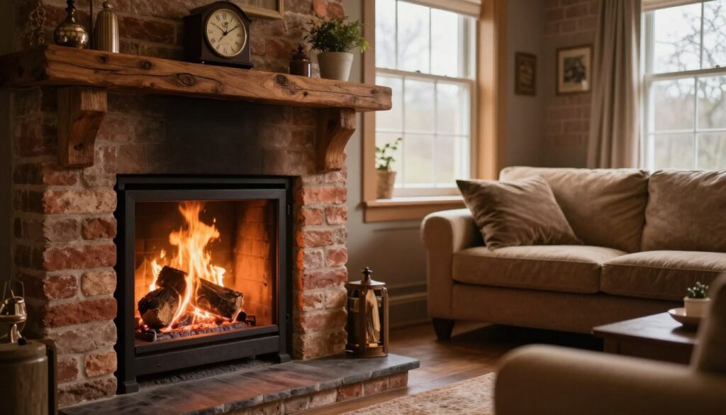 A cozy living room setting featuring a traditional fireplace with safe burning of solid fuels like coal. In the foreground, the fireplace showcases well-placed logs and coal, with gentle flames illuminating the area. The fireplace is framed by a rustic mantel adorned with a few decorative items, such as a vintage clock and a small potted plant. In the middle ground, a comfortable sofa in warm tones faces the fireplace, creating an inviting atmosphere. The walls are made of exposed bricks, enhancing the room's charm. Soft, ambient lighting highlights the textures and materials, while a large window in the background introduces natural light, casting a warm glow throughout the room. The overall mood is warm and inviting, suggesting safety and comfort in using solid fuels responsibly.