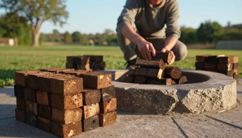 A cozy outdoor setting focused on preparing a peat briquette burn pit. In the foreground, neatly arranged stacks of brown peat briquettes are organized beside a circular stone fire pit, showing the briquettes’ texture and detailed surface. In the middle ground, a person in modest casual clothing is kneeling, carefully stacking briquettes inside the fire pit, with an expression of concentration. The background features a serene natural landscape with soft green grass and a few trees under a warm, late afternoon sunlight, casting gentle shadows. The overall mood is one of tranquility and focus, highlighting the efficient preparation for burning sustainable fuel, with a clear blue sky enhancing the peaceful atmosphere. The image should capture a close perspective to showcase the detail in the briquettes and the actions of the person.