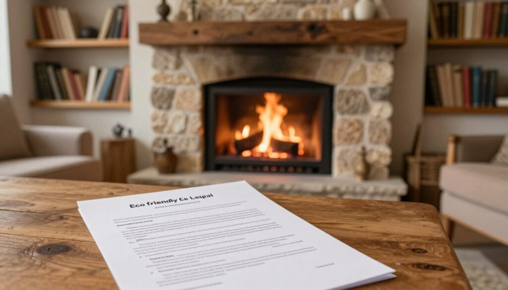 A cozy, rustic fireplace setting in a well-lit living room, featuring a legal document on eco-friendly fireplace regulations prominently displayed on a wooden table in the foreground. In the middle ground, the fireplace is elegantly constructed from natural stone, with a fire burning safely inside it, casting a warm glow. Shelves in the background are filled with an array of ecological books on fireplace regulations. The lighting is soft and inviting, with a slight focus on the flames to create a comforting atmosphere. The mood is tranquil and educational, emphasizing the balance between enjoying a warm fire and adhering to ecological standards.