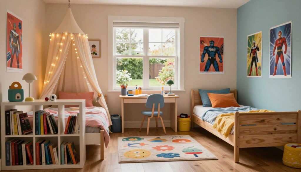 A cozy, shared children's room divided into two distinct privacy zones, featuring warm lighting that creates an inviting atmosphere. In the foreground, a stylish bookshelf and a small desk adorned with school supplies form a boundary. To the left, a girl’s area displays pastel colors, with a canopy bed draped in soft fabrics, fairy lights twinkling above. On the right, a boy’s zone features a sturdy wooden bed and bold, primary colors with posters of superheroes on the walls. The middle ground includes a playful rug that ties the room together. The background showcases a window with light streaming in, revealing a delightful garden outside, enhancing the sense of comfort and tranquility in this shared space. A cozy, shared children's room divided into two distinct privacy zones, featuring warm lighting that creates an inviting atmosphere. In the foreground, a stylish bookshelf and a small desk adorned with school supplies form a boundary. To the left, a girl’s area displays pastel colors, with a canopy bed draped in soft fabrics, fairy lights twinkling above. On the right, a boy’s zone features a sturdy wooden bed and bold, primary colors with posters of superheroes on the walls. The middle ground includes a playful rug that ties the room together. The background showcases a window with light streaming in, revealing a delightful garden outside, enhancing the sense of comfort and tranquility in this shared space.