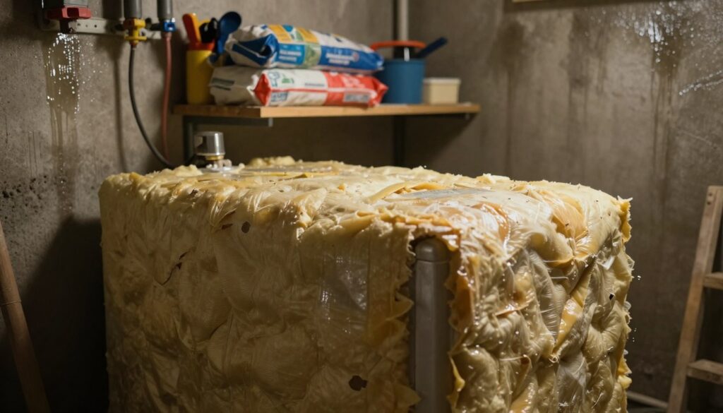 A damp basement interior with a focus on a water heater covered in insulation material, showcasing the challenges of insulating in humid conditions. In the foreground, the boiler is partially visible, revealing its metallic structure, while the insulation wraps around it, hinting at various textures. In the middle ground, shelves with plumbing tools and bags of insulation materials create a practical atmosphere. The background features a concrete wall with moisture stains, emphasizing the damp environment. Soft, diffused lighting casts gentle shadows, enhancing the mood, while a slight angle captures the scene's depth. This image conveys the importance of proper insulation to reduce heat loss and energy consumption.